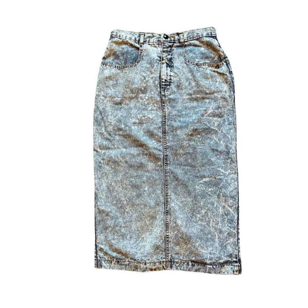 Vintage JouJou Acid Wash Denim Skirt 90s High Waist Jean Pencil Midi USA Gray